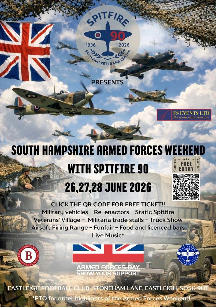 Poster for South Hampshire Armed Forces Weekend with Spitfire 90, June 26-28, 2026, featuring military vehicles and live music.