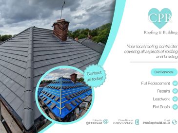 Roofing company advert showing roof replacement and repair services.