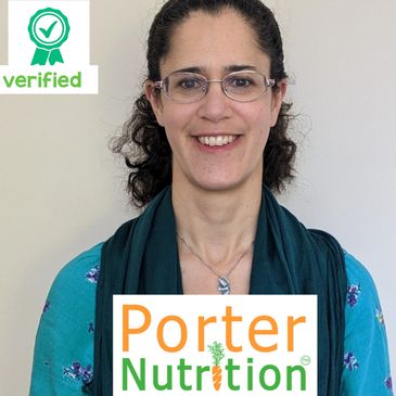 Smiling woman with glasses and dark hair, Porter Nutrition logo overlay.