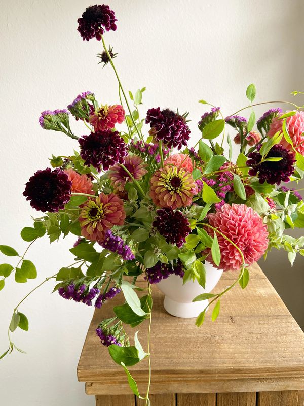 A floral arrangement created with locally grown flowers.