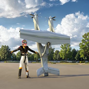 Person stands beside a futuristic flying device.