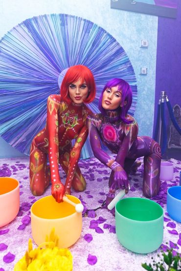 Bold color red and purple bodypaint photoshoot with wynwood artist