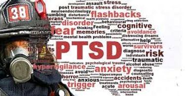 Firefighter with PTSD-related word cloud in the background.