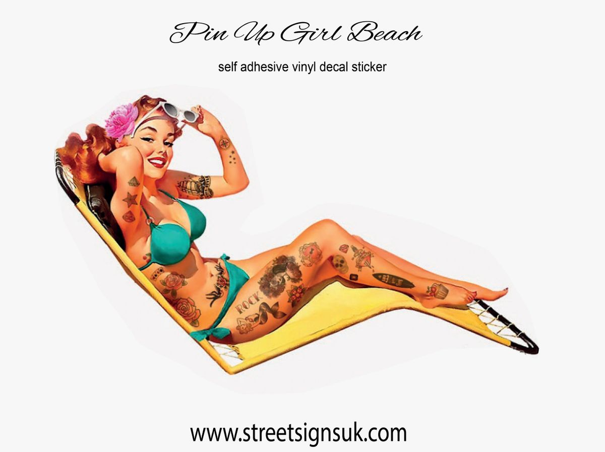 Cool Pinup Girl Sticker With Blue Eyes & Fan - Vintage Style Decal 5x3 Inches