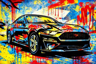 Vibrant graffiti art of a Mustang car against a colorful urban backdrop.