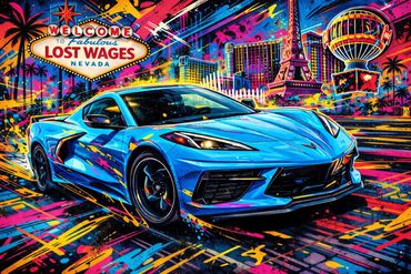 Vibrant neon art of a blue sports car in a colorful cityscape at night.