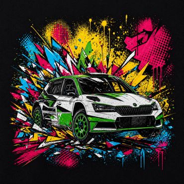 Colorful graffiti-style art of a dynamic rally car with vibrant splashes.