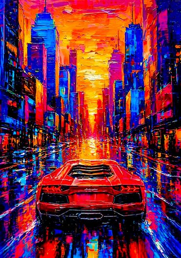 Vibrant cityscape with a red sports car on a rainy street during sunset.