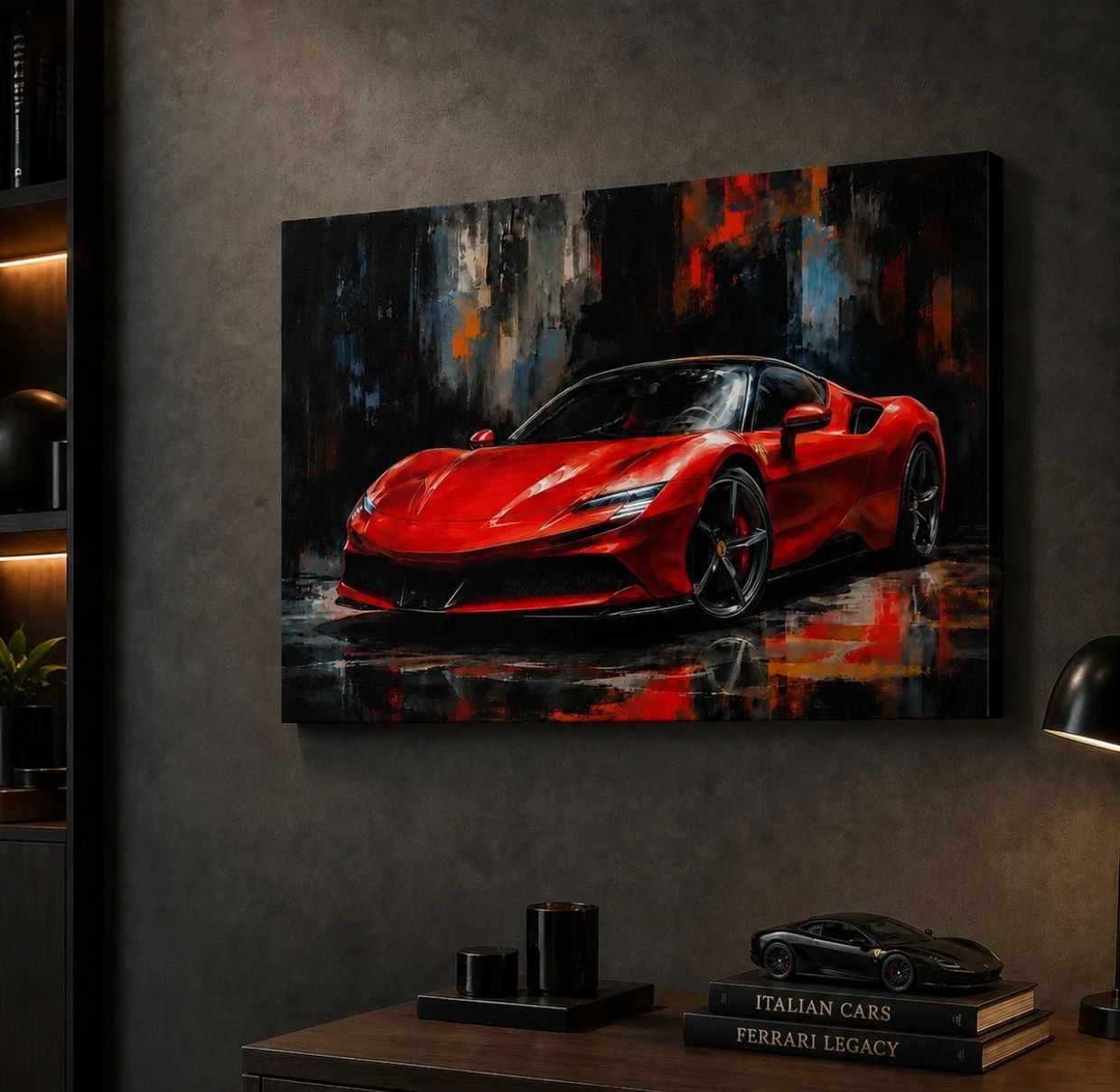 A vibrant red sports car painting in a modern room.