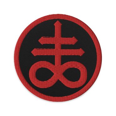 A black and red embroidered patch featuring the Leviathan Cross