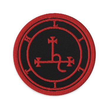 A black and red embroidered patch featuring the sigil of Lilith