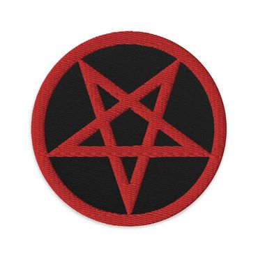 A black and red embroidered patch featuring the Satanic Pentagram