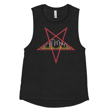 A black muscle tee with the minimalist version of The Global Order of Satan logo. 