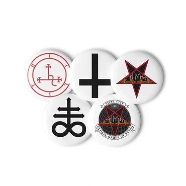 A set of buttons featuring two versions of the GOS: Steel City Logo, and varying Satanic symbols 