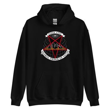 A black pullover hoodie featuring the Global Order of Satan: Steel City logo