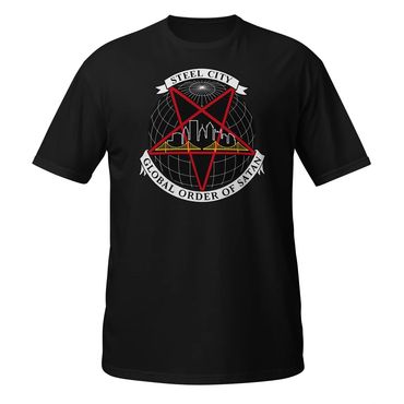 A black t-shirt featuring the Global Order of Satan: Steel City logo on the front