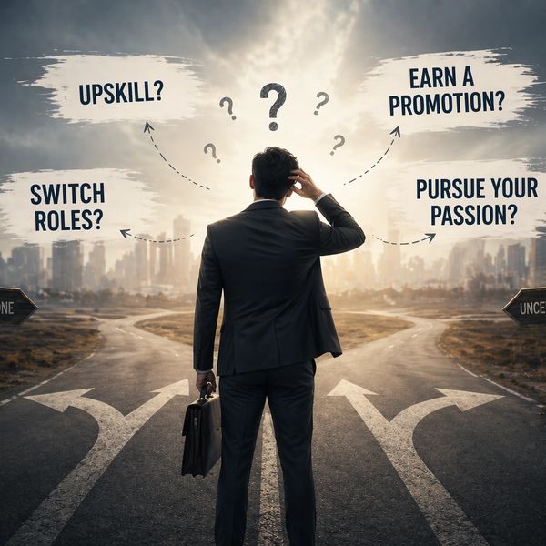 Man in suit at crossroads pondering career decisions and future paths.