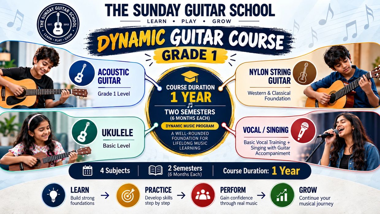 Dynamic Guitar Course Grade 1 offered by The Sunday Guitar School for 1 year.