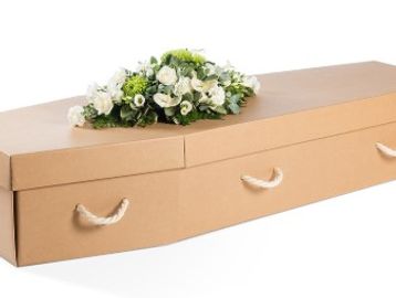 Cardboard coffin with floral arrangement on top.