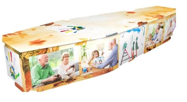 Decorative coffin with family and artsy images.