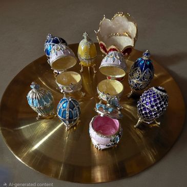 Decorative jeweled egg containers on a gold tray.