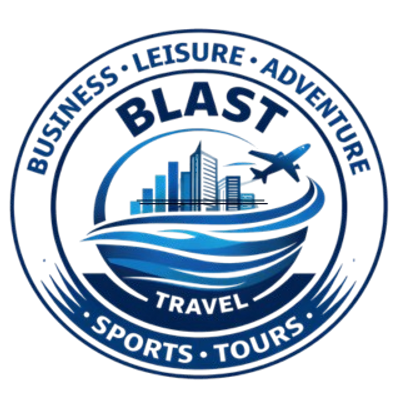 Blue travel-themed logo with city, plane, and boat graphics.