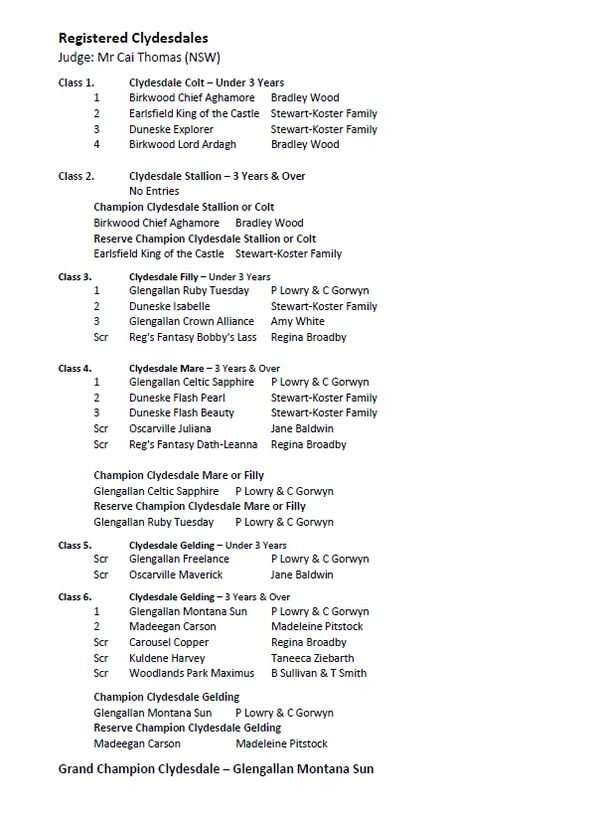 2022 Darling Downs Heavy Horse Festival Registered Clydesdales show results 