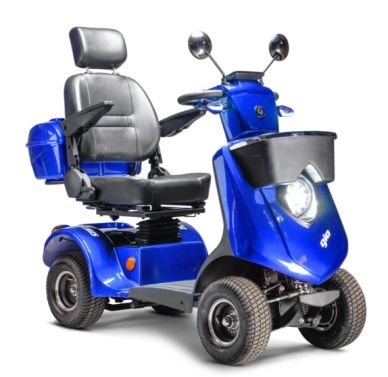Blue mobility scooter with black cushioned seat and mirrors.