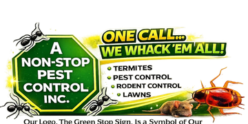 Logo of a pest control company featuring a green stop sign and a bug.