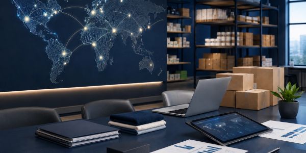 Modern office with global logistics map and packages ready for shipment.