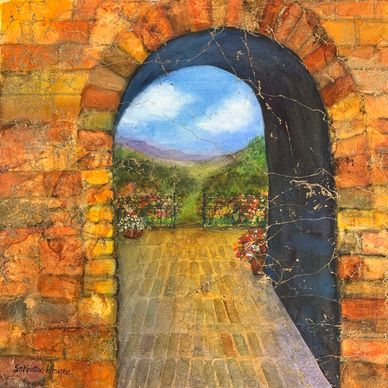 Arched stone doorway opens to a lush garden path with mountains in the distance.