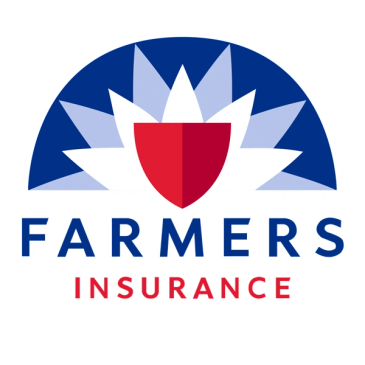 Farmers Insurance logo with a blue and white floral design and red shield.