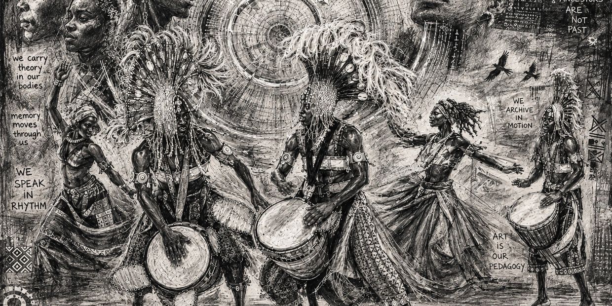 Black and white artwork showing dancers and drummers in traditional attire with meaningful text.