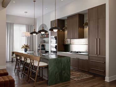 Modern kitchen with wooden cabinets and a green marble island.