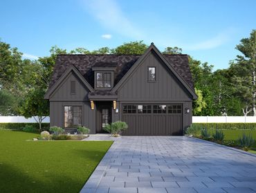 Modern dark gray house with a spacious driveway and green lawn.
