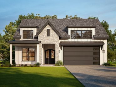 Modern two-story house with stone and white siding exterior and dark garage door.