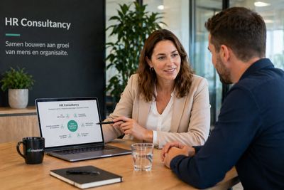 Two professionals discussing HR consultancy strategies in a modern office.