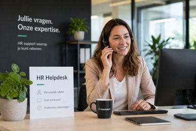 Friendly HR helpdesk agent assisting a client with a headset.