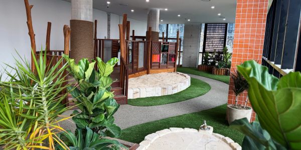 Indoor garden area with green plants and pathways.