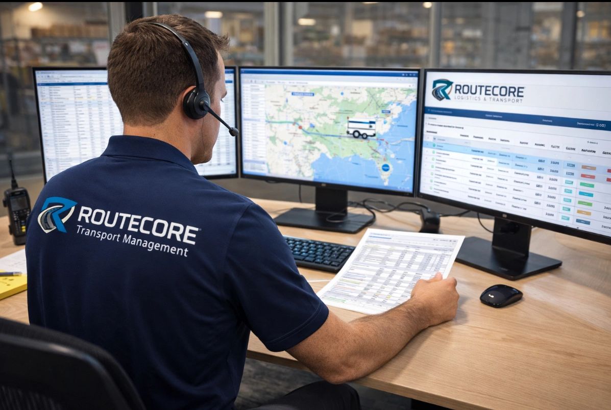 A logistics worker monitors routes on multiple screens with a headset on.