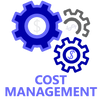 Cost management icon - 3 gears rotating together with dollar signs in center