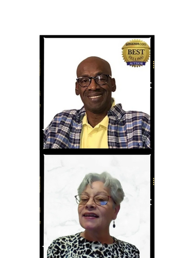 Two older adults smiling in framed portraits, one labeled as Amazon best-selling author.