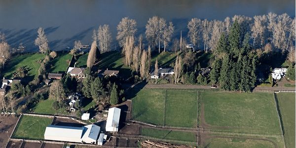Aerial view of farmhouses near a river with green fields.