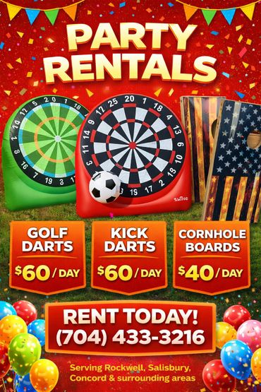 Colorful party rentals for darts and cornhole with daily rates.