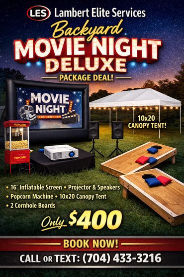 Backyard Movie Night Deluxe package with screen, projector, speakers, popcorn machine, canopy tent, and cornhole boards for $400.