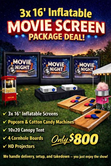 Inflatable movie screen package with popcorn, cotton candy, canopy, cornhole, and projectors for $800.