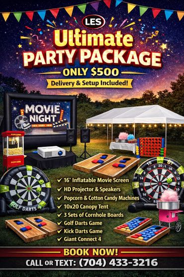 Ultimate party package with movie night and games for $500, including delivery and setup.