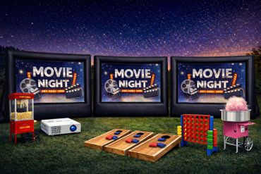 Outdoor movie night setup with screens, popcorn, and games under a starry sky.