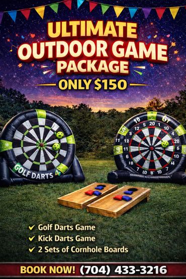 Outdoor game package with golf darts, kick darts, and cornhole boards for $150.