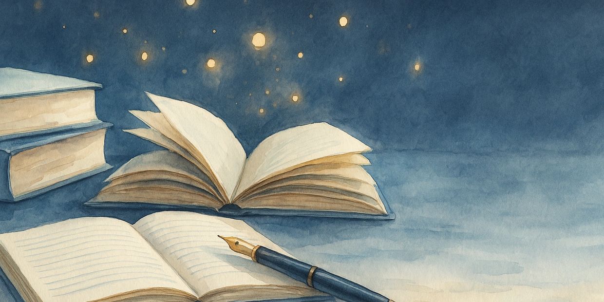 Watercolor painting of open books and a fountain pen with glowing stars in the background.